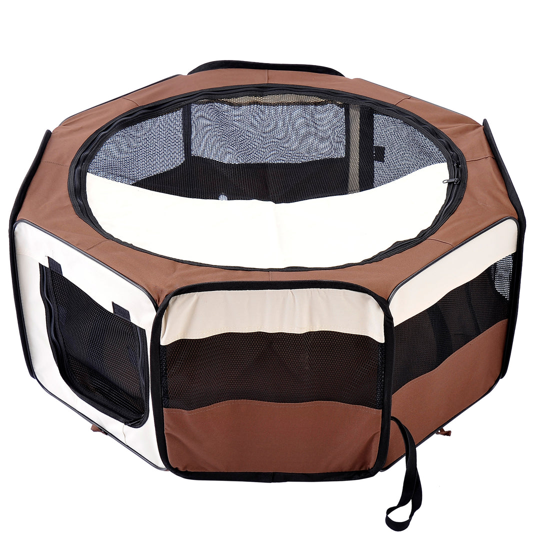 PawHut Fabric Pet Puppy Dog Cat Rabbit Pig Guinea Playpen Run Dia90 x 41H cm Brown and Cream