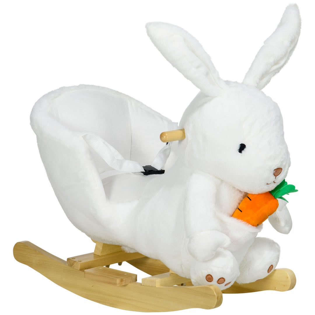 Kids Rocking Horse, Plush Rocking Chair Rabbit Shape w/ Safety Harness, Realistic Sound, Foot Pedals, for Toddler Aged 18-36 Months, White