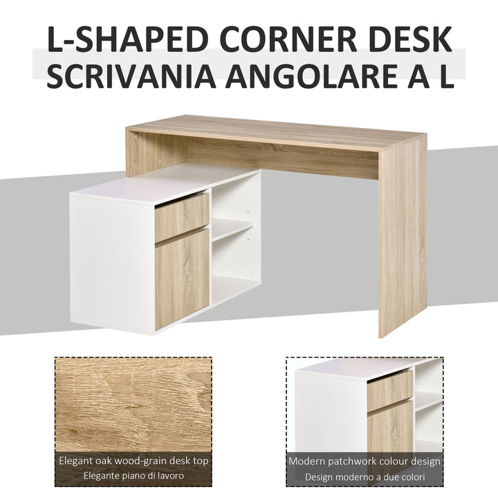 Corner Computer Desk L Shaped Desks Study Table PC Work w/ Storage Shelf Drawer Office, Oak and White