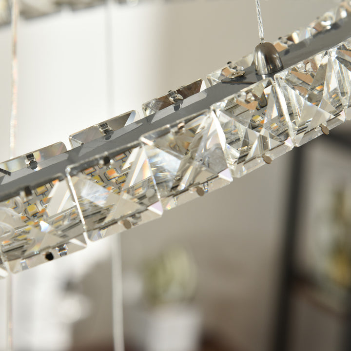 Modern LED Chandelier with 2 Crystal Rings, Dimmable Pendent Ceiling Light Cool Warm White with Adjustable Cable Remote Controller, Silver