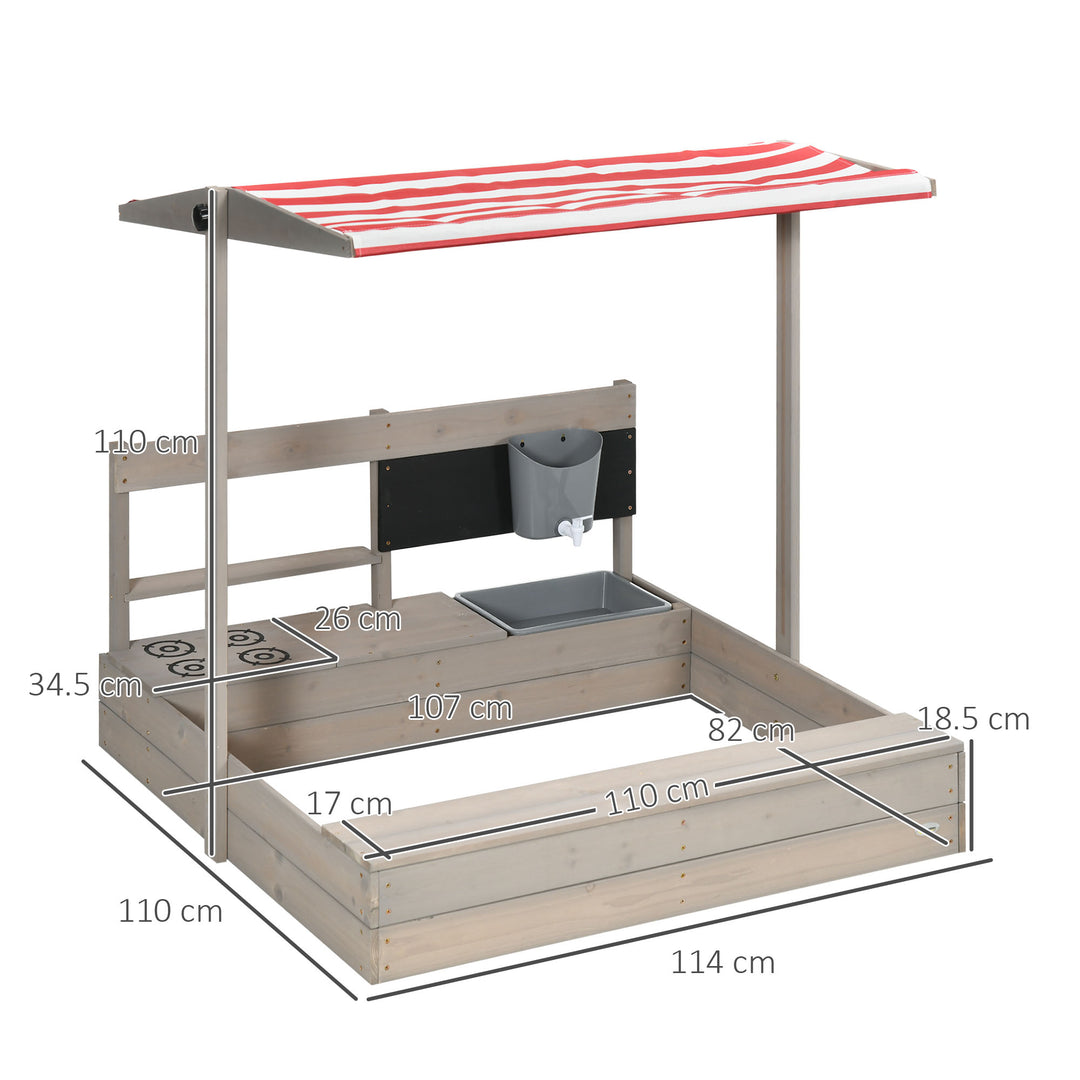 Kids Wooden Sandbox w/ Canopy, Kitchen Toys, Seat, Storage, for 3-7 Years Old Outdoor Play