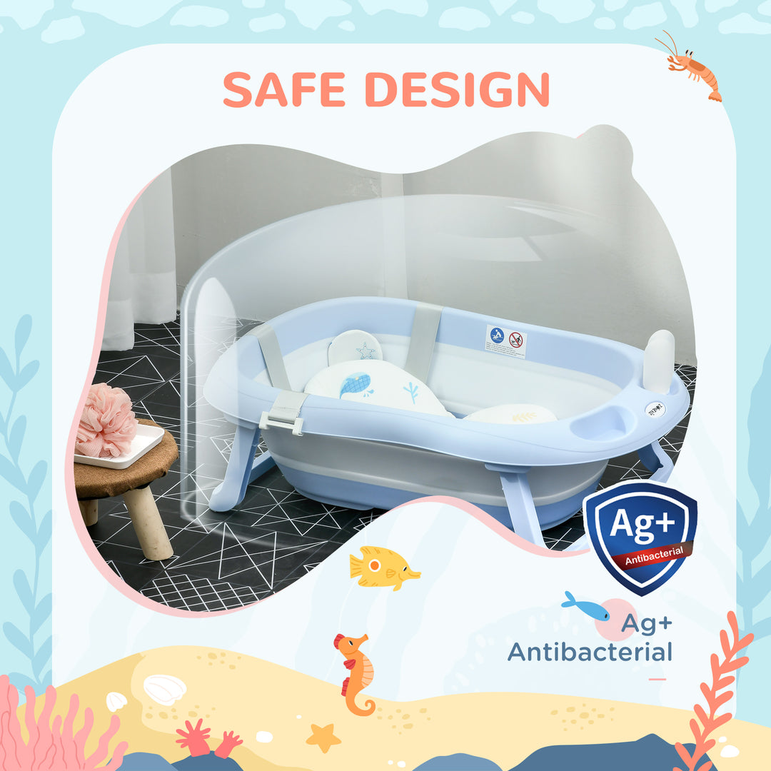 Foldable Baby Bath Tub, Bath Tub with Non-Slip Support, Cushion Pad, Drain Plugs, Shower Head Holder, for Newborn to 6 Years - Blue