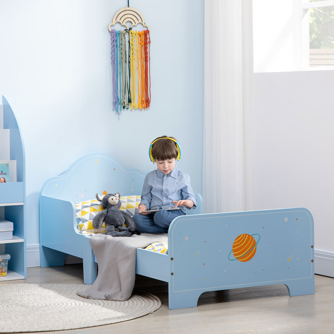 Toddler Bed Kids Bedroom Furniture with Rocket & Plants Patterns Safety Side Rails Slats, Blue