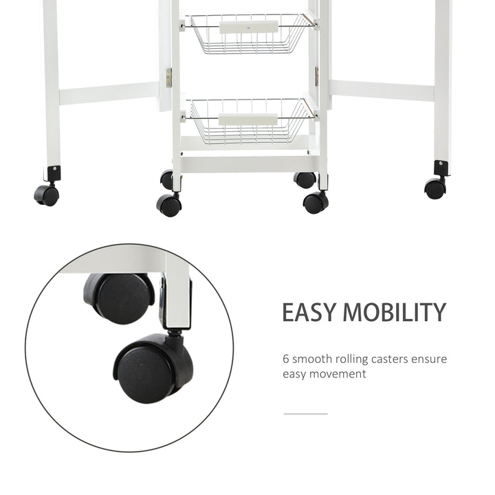 Drop-Leaf Kitchen Trolley w/ 3 Baskets Drawer Surface Top 6 Wheels Rolling Storage Unit Kitchen Home Dining Cart White Oak Tone