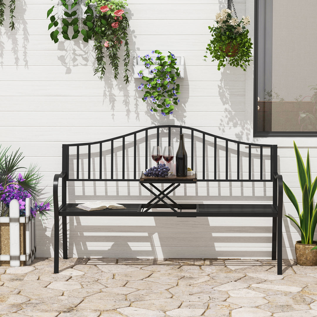 Outdoor Metal Frame Bench Patio Park Garden Seating Chair with Foldable Middle Table