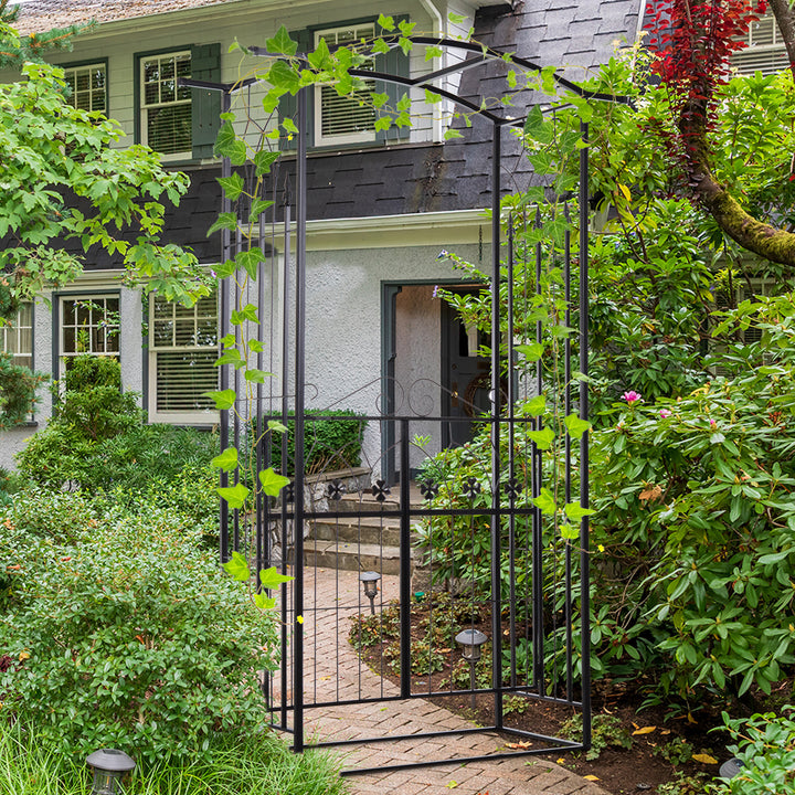 Metal Frame Outdoor Garden Entrance Arch w/ Gate Black