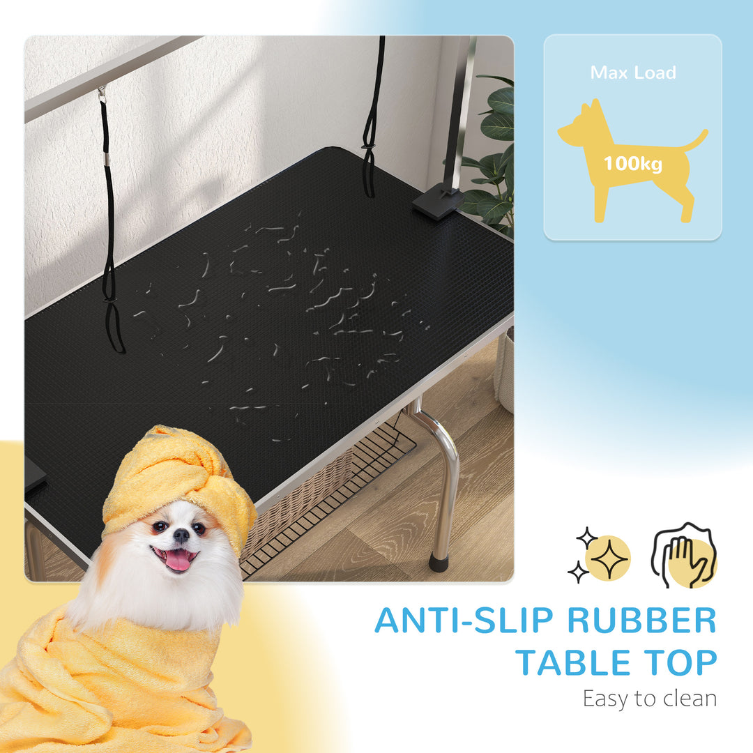 PawHut Adjustable Dog Grooming Table Rubber Top 2 Safety Slings Mesh Storage Basket Heavy Metal Black 107 x 60 x 170cm