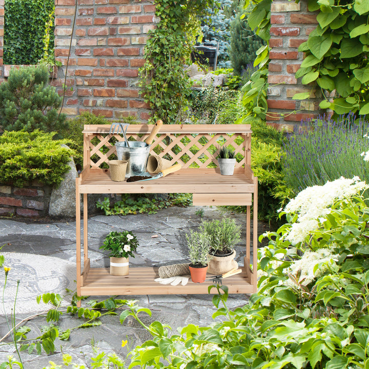 Wooden Garden Potting Table with Drawer Flower Plant Work Bench Workstation Tool Storage Shelves Outdoor Grid