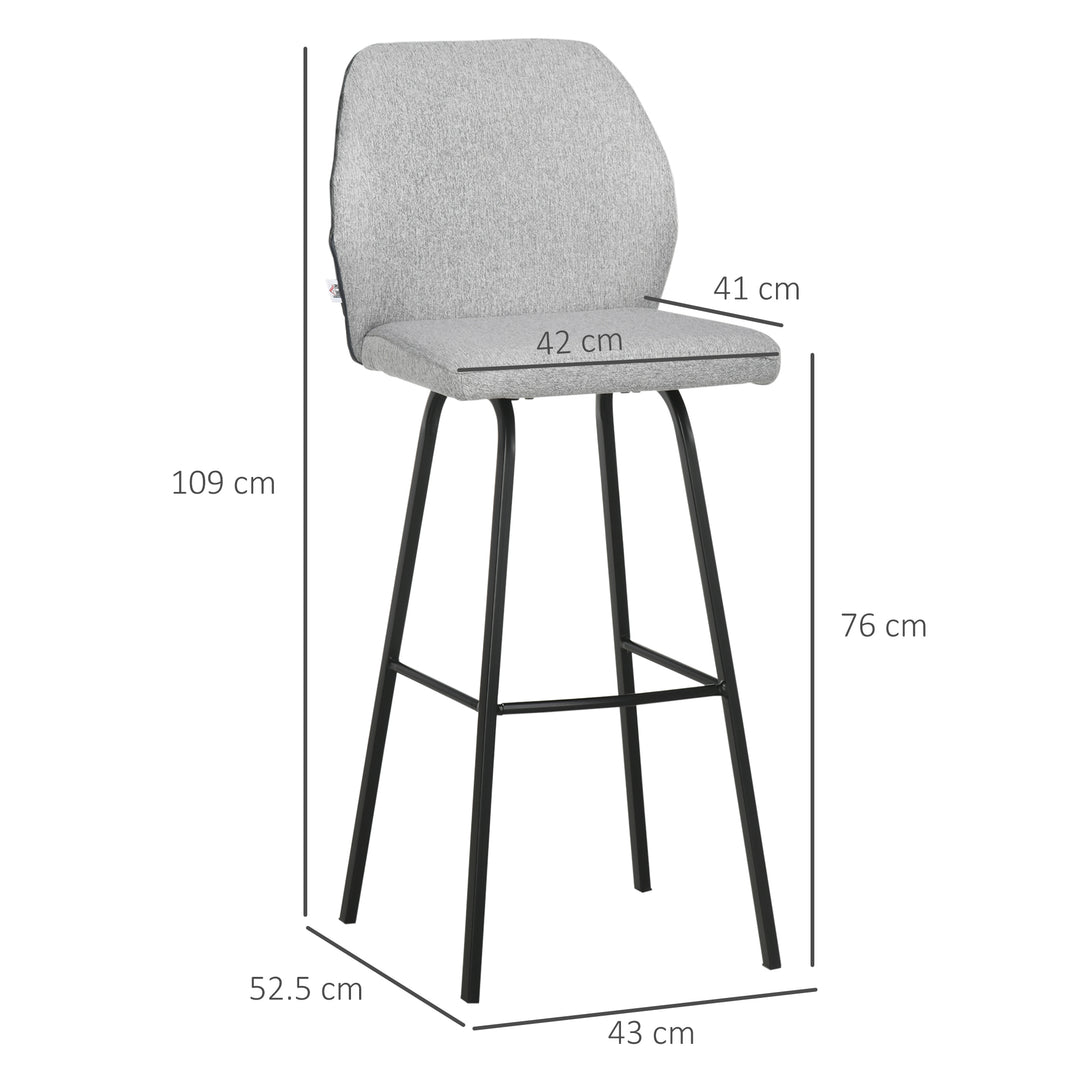 Bar Stools Set of 4, Linen-Touch Upholstered Bar Chairs, Kitchen Stools with Backs and Steel Legs for Dining Room, Light Grey