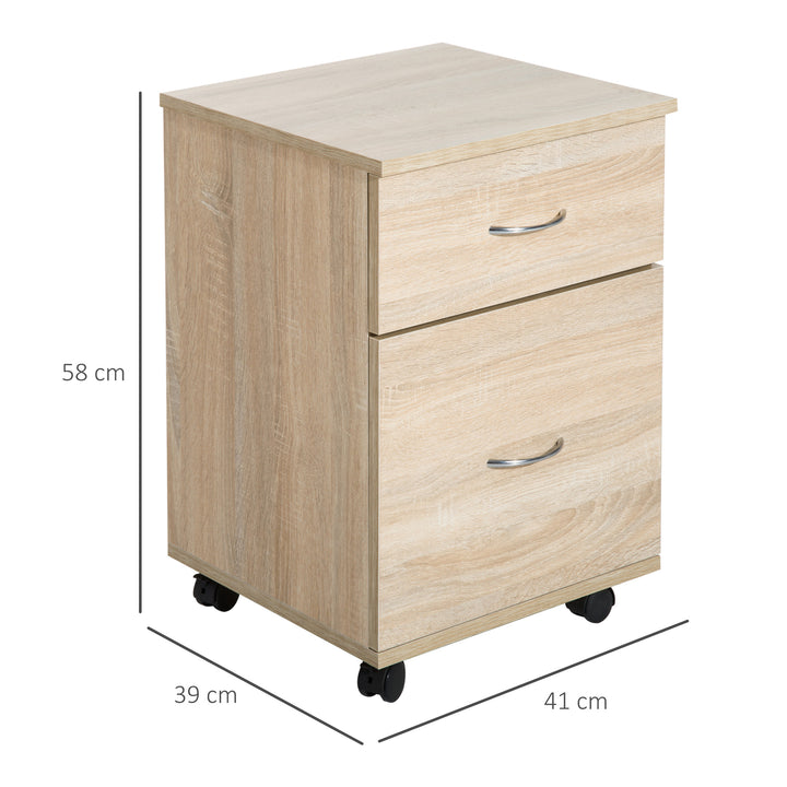 Mobile Wooden 2 Drawers Cabinet Storage Box with Wheels (Oak)