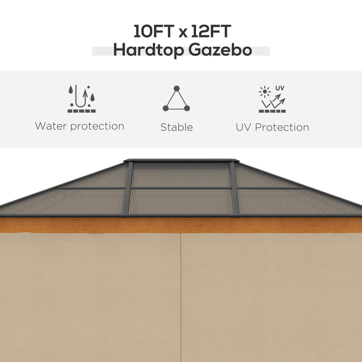 3 x 3.6 m Hardtop Gazebo Canopy with Polycarbonate Roof, Aluminium and Steel Frame, Nettings and Sidewalls for Garden, Patio, Khaki