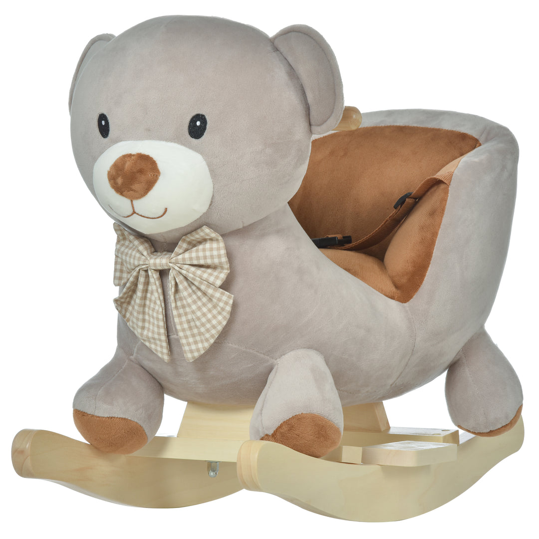 Kids Children Rocking Horse Plush Ride On Bear Seat w/ Sound Wood Base Seat Safety Belt Toddler Baby Toy Grey