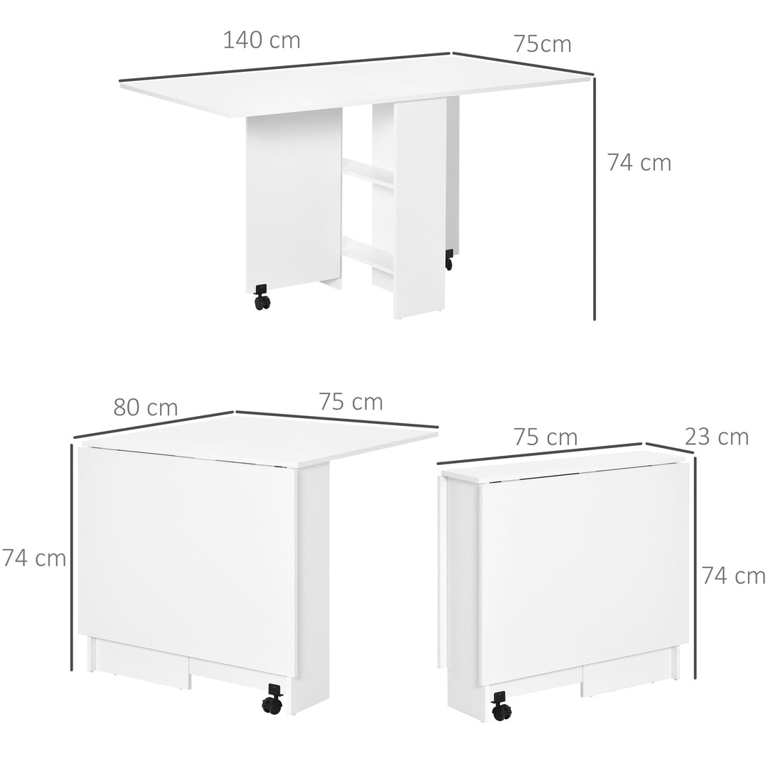 Mobile Drop Leaf Dining Kitchen Table Folding Desk For Small Spaces With 2 Wheels & 2 Storage Shelves White