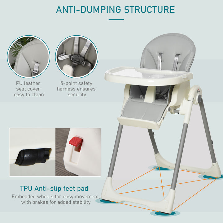 Foldable Baby High Chair Convertible to Toddler Chair Height Adjustable with Removable Tray 5-Point Harness Mobile with Wheels Grey