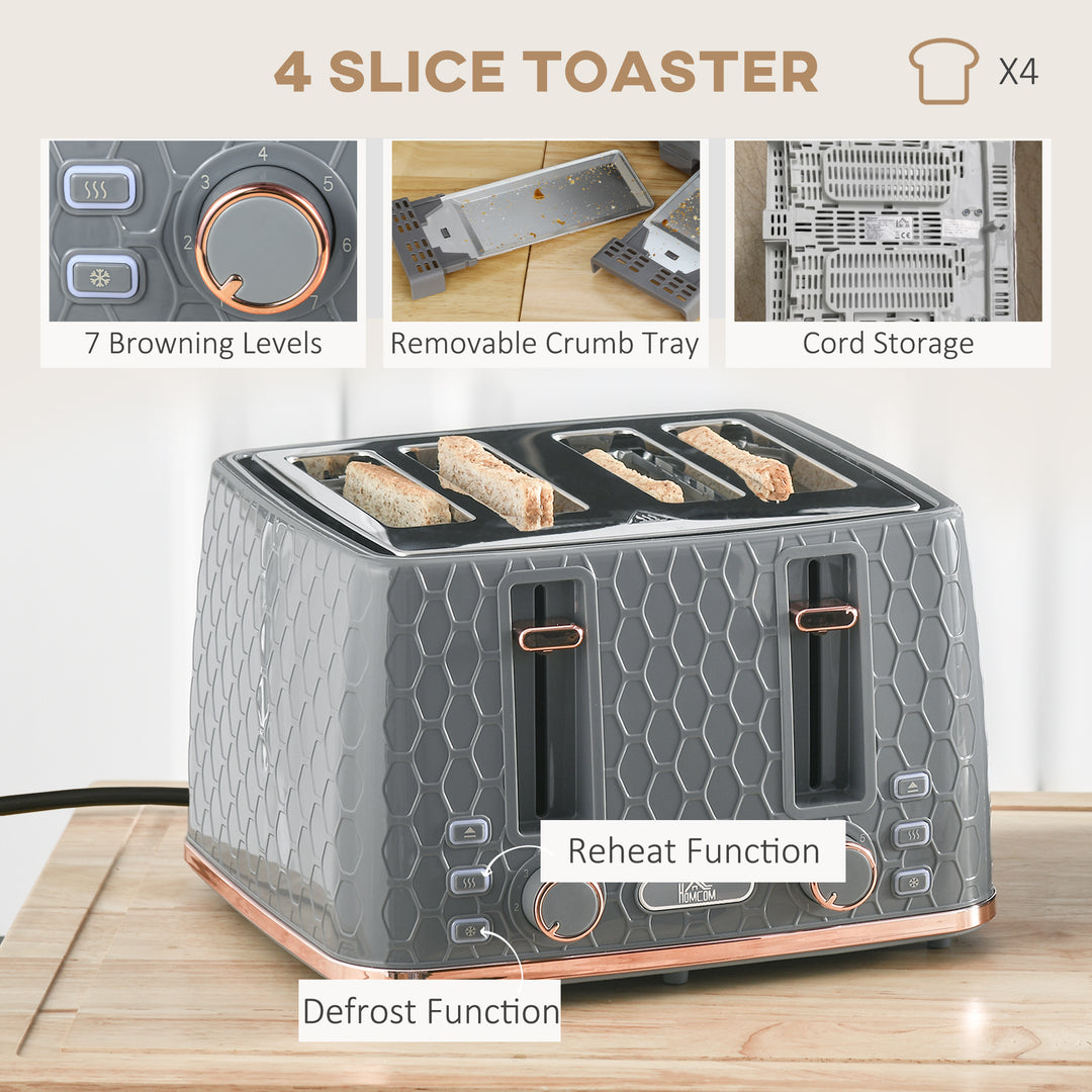 Fast Boil Kettle & 4 Slice Toaster Set, Kettle and Toaster with 7 Browning Controls, Crumb Tray, 1.7L 3000W - Grey