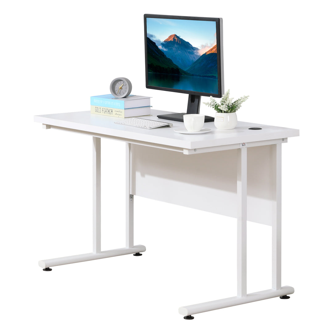 Computer Desk, Home Office Desk, Writing Table, 120x60x75cm Laptop Workstation with 2 Cable Management Holes, C Shaped Metal Legs, White