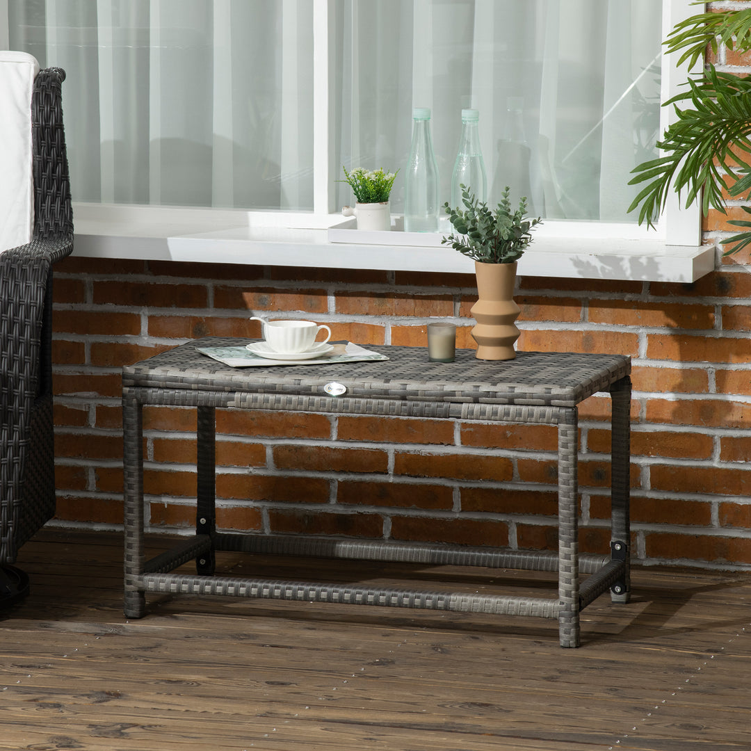 Outdoor Coffee Table, Garden PE Rattan Side Table with Plastic Board Under the Full Woven Table Top and X-Shape Support for Patio Mixed Grey