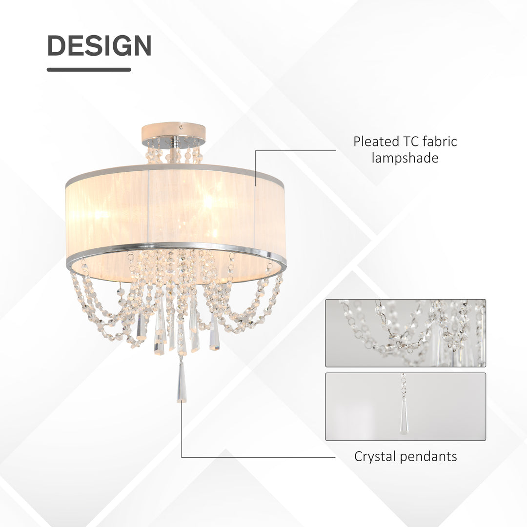 Elegant Metal Ceiling Light Chandelier with Pleated Fabric Lampshade, Decorative Crystal Pendants, for Living Room, Dining Room, Bedroom, White