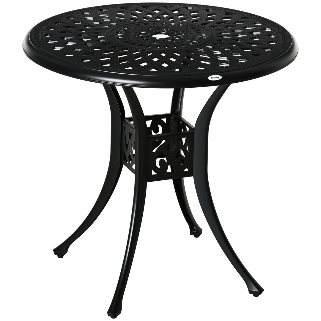 Outsunny 78cm Round Garden Dining Table Bistro Set with Parasol Hole Antique Cast Aluminium Outdoor Table, Black