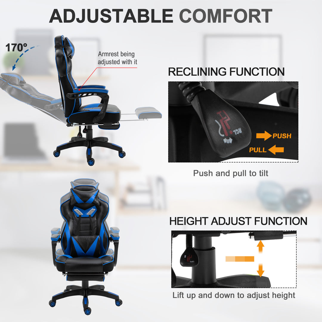 Vinsetto Ergonomic Racing Gaming Chair Office Desk Chair Adjustable Height Recliner with Wheels, Headrest, Lumbar Support, Retractable Footrest Blue