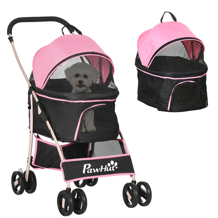 PawHut Detachable Pet Stroller, 3-In-1 Dog Cat Travel Carriage, Foldable Carrying Bag with Universal Wheel Brake Canopy Basket Storage Bag, Pink