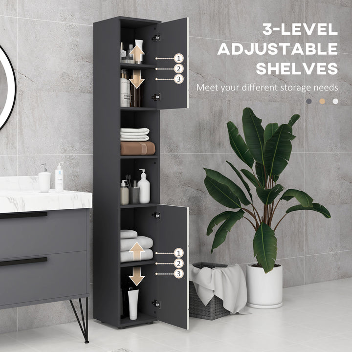 183cm Tall Bathroom Cabinet, Narrow Bathroom Storage Cabinet w/ Open Shelves, 2 Doors Cabinets, Adjustable Shelves, Grey