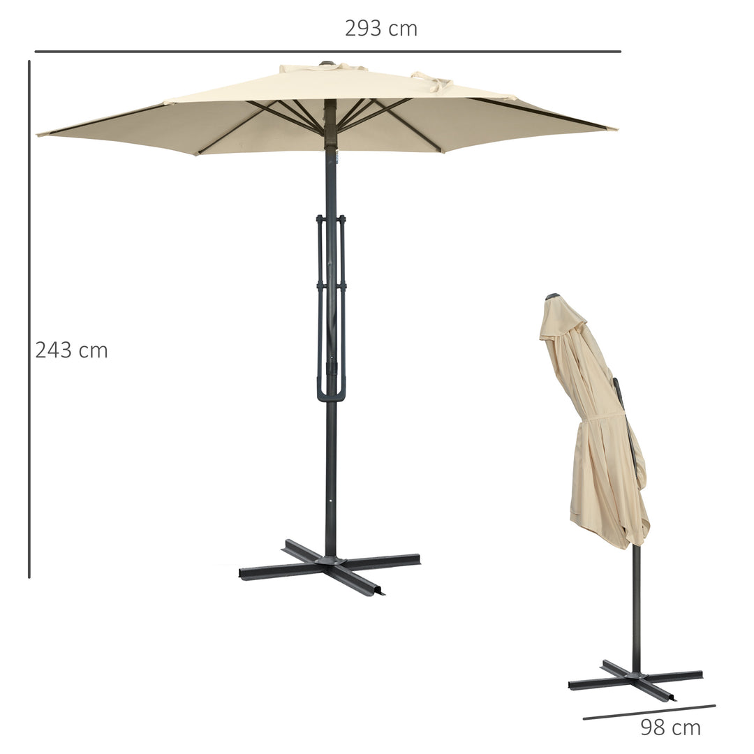 3m Cantilever Parasol with Easy Lever, Patio Umbrella with Crank Handle, Cross Base and 6 Metal Ribs, Outdoor Sun Shades，Garden, Cream White