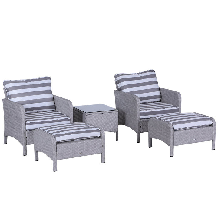 2 Seater PE Rattan Garden Furniture Set, 2 Armchairs 2 Stools Glass Top Table Cushions Wicker Weave Chairs Outdoor Seating - Grey