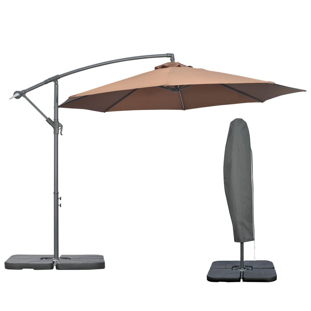 3(m) Garden Banana Parasol Cantilever Umbrella with Crank Handle, Cross Base, Weights and Cover for Outdoor, Hanging Sun Shade, Coffee