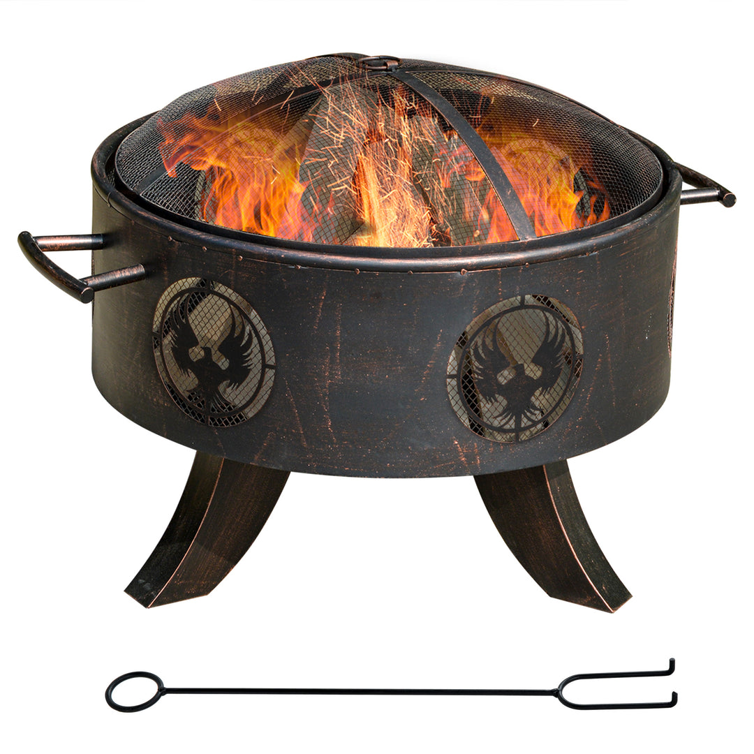 Outsunny Outdoor Fire Pit Patio Heater Charcoal Log Wood Burner with Screen Cover, Fire Bowl with Poker for Backyard, Bronze Tone