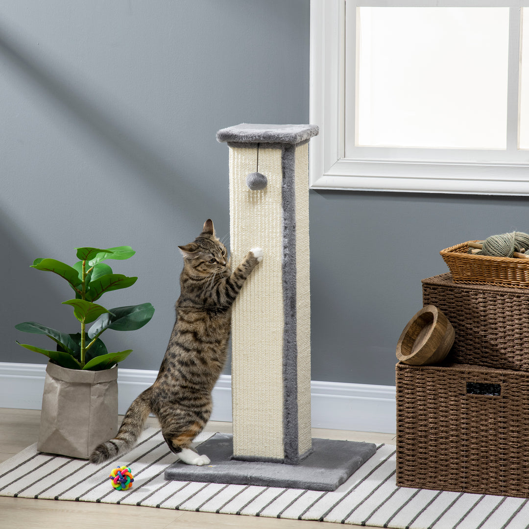 PawHut 81cm Cat Scratcher, Vertical Full Scratcher with Natural Sisal Rope, Hanging Ball and Soft Plush, Grey