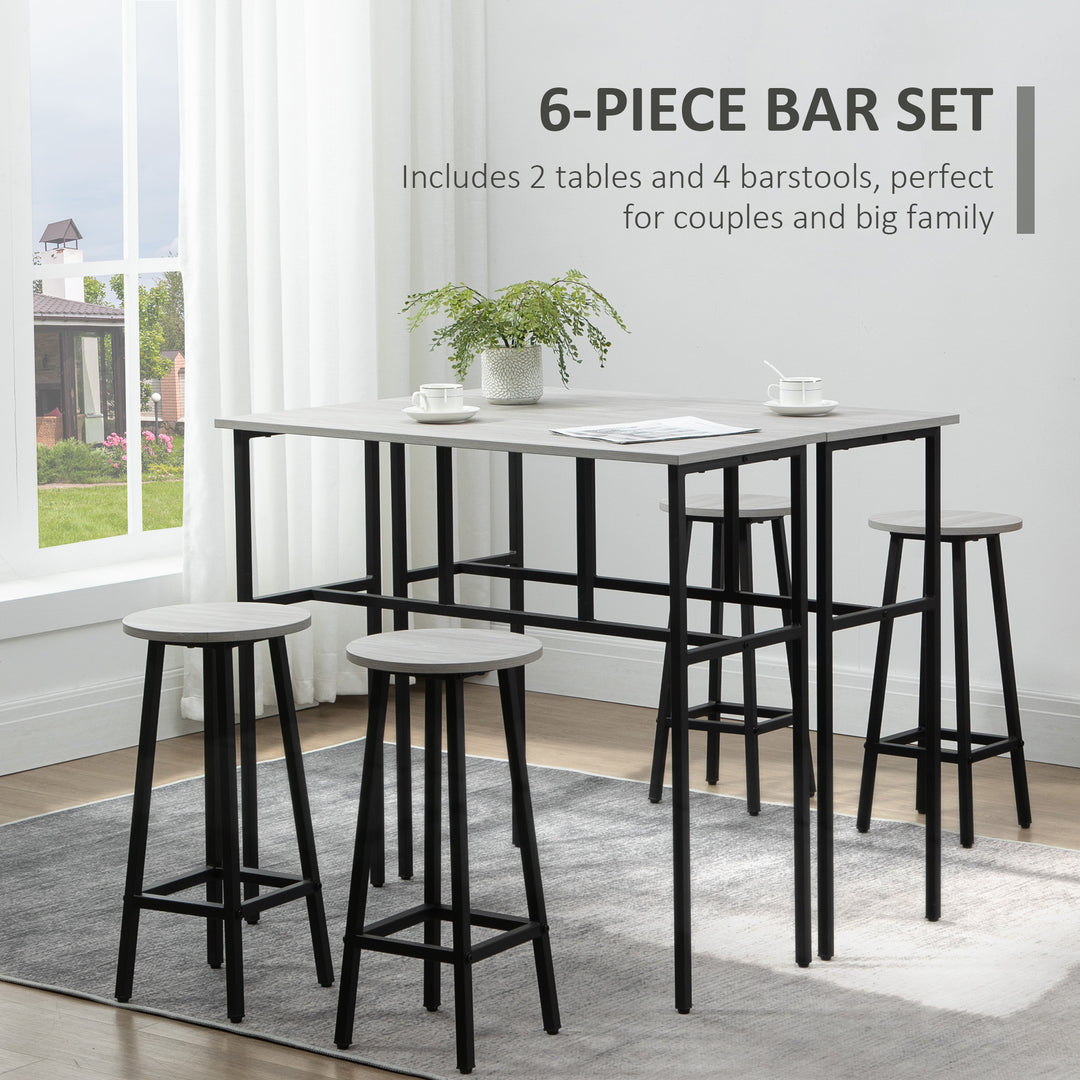 6-Piece Bar Table Set, 2 Breakfast Tables with 4 Stools - Grey