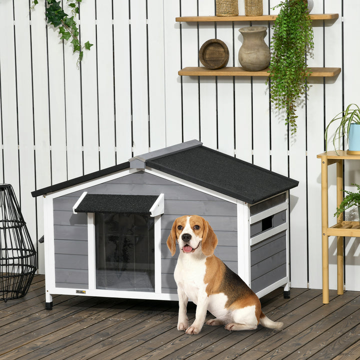 Large Wooden Dog Kennel Elevated Dog Kennels for Outside, with Openable Top, Asphalt Roof, Windows, Curtain, Removable Tray, Adjustable Leg, Dog House Outdoor, 109L x 79W x 72H cm, Grey