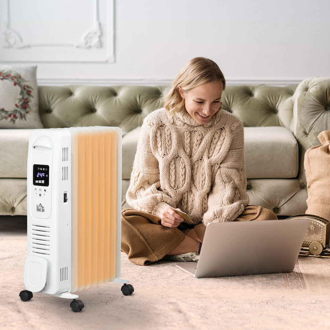 HOMCOM 2180W Digital Oil Filled Radiator, 9 Fin, Portable Electric Heater with LED Display, 3 Heat Settings, Safety Cut-Off and Remote Control, White