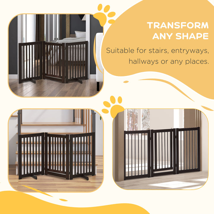 Pet Gate Freestanding Dog Gate For Stairs Wood Doorway Safety Pet Barrier Fence Foldable w/ Latch Support Feet Deep Brown, 155 x 76 cm