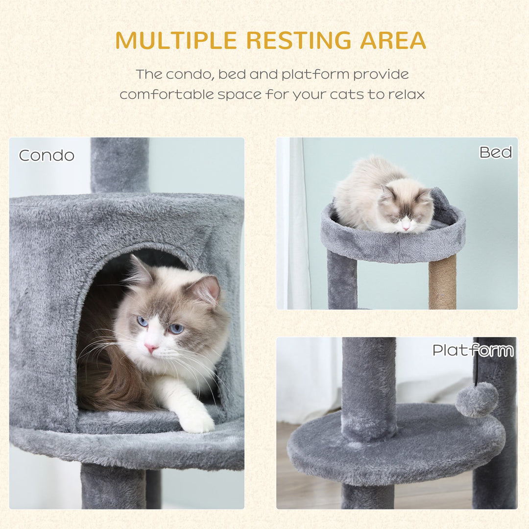 3-Tier Deluxe Cat Activity Tree w/ Scratching Posts Ear Perch House Platform Play Ball Plush Fun Toys Exercise Rest Relax Climb Grey