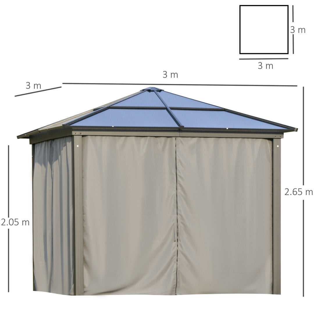 Outsunny 3 x 3(m) Hardtop Gazebo with UV Resistant Polycarbonate Roof & Aluminium Frame, Garden Pavilion with Mosquito Netting and Curtains