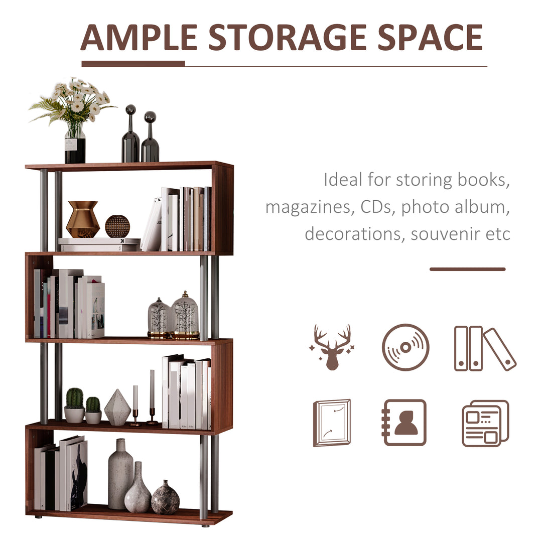 4-Tires Wooden Bookcase S Shape Storage Bookshelf Display for Living Room, Bedroom, Office with Steel Frame, Walnut