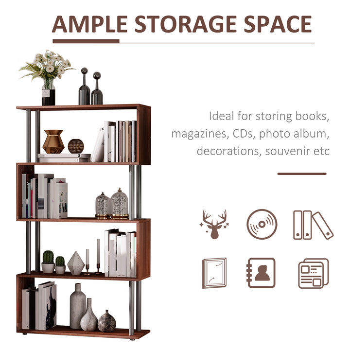 4-Tires Wooden Bookcase S Shape Storage Bookshelf Display for Living Room, Bedroom, Office with Steel Frame, Walnut