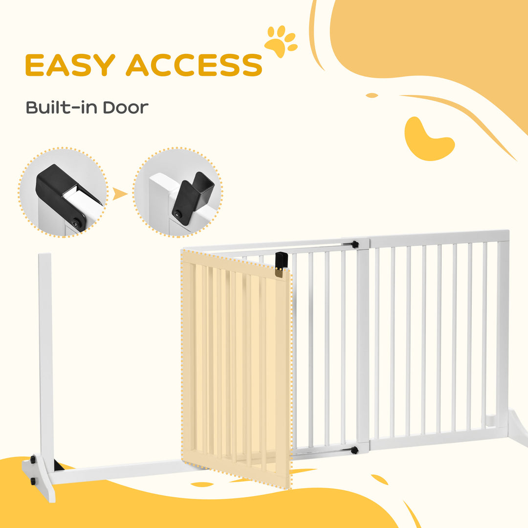 Adjustable Wooden Pet Gate Freestanding Dog Barrier Fence Doorway 3 Panels Safety Gate w/ Lockable Door White 71H x 113-166W cm