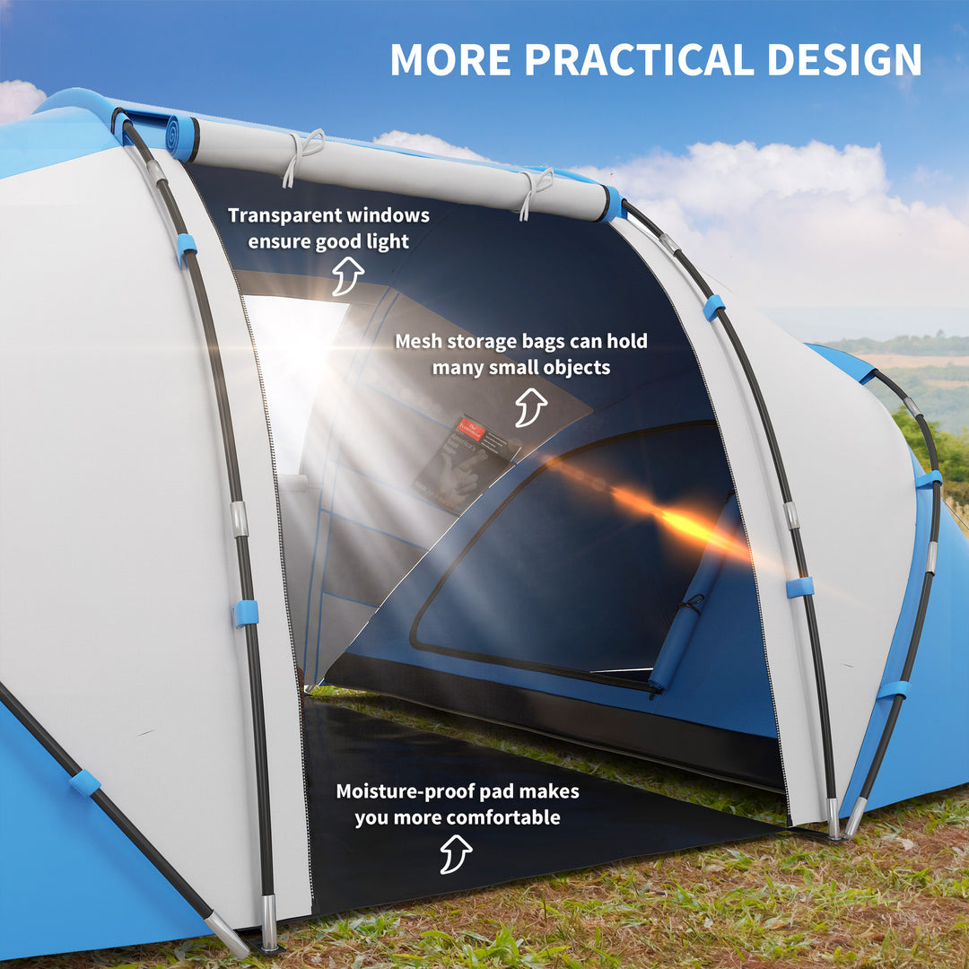 4-6 Man Camping Tent w/ Two Bedroom, Hiking Sun Shelter, UV Protection Tunnel Tent, Blue and White