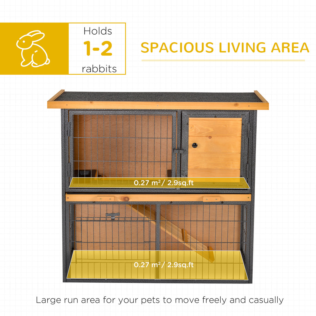 PawHut Wood-metal Rabbit Hutch Elevated Pet House Bunny Cage with Slide-Out Tray Asphalt Openable Roof Lockable Door Outdoor