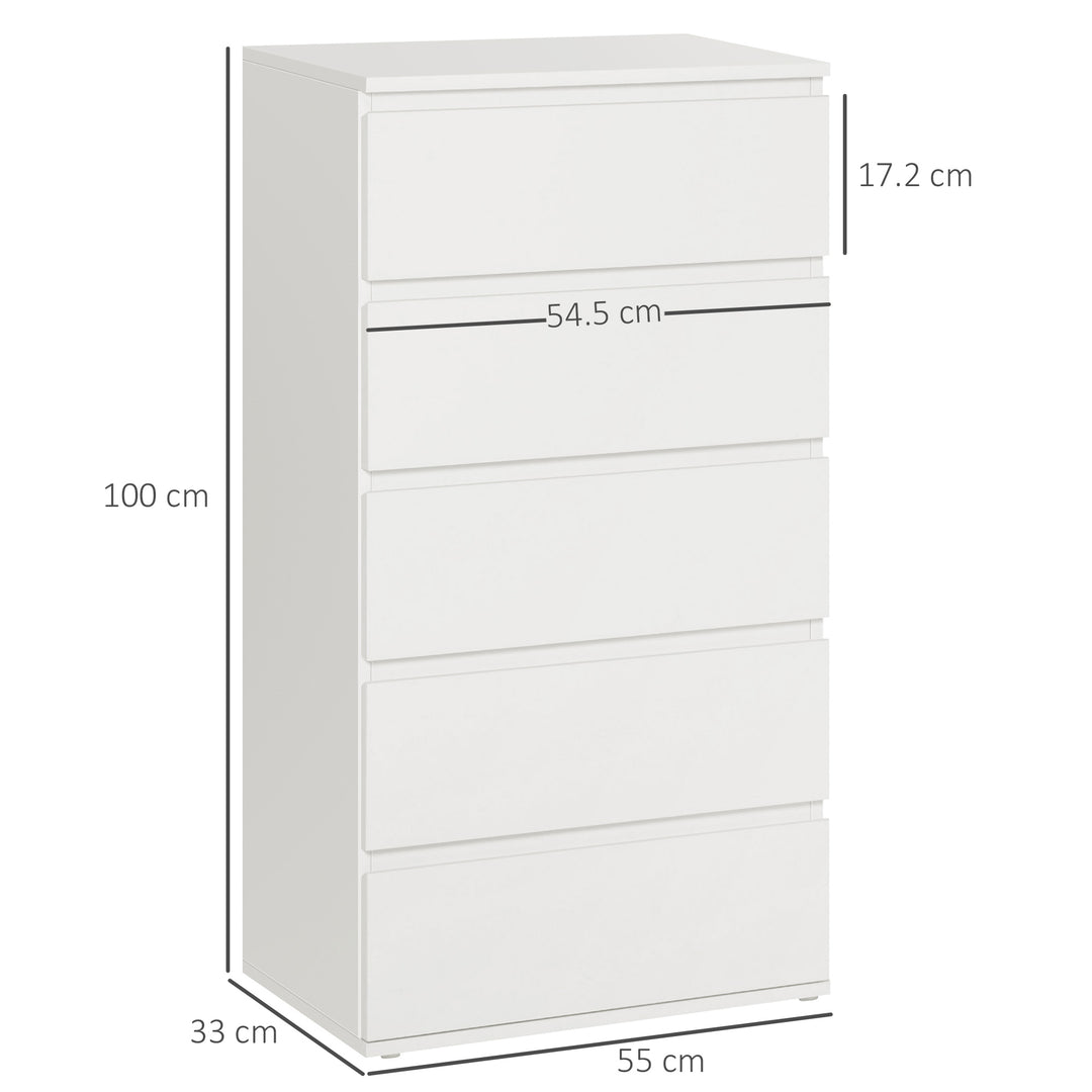 HOMCOM Chest of Drawer, 5 Drawers Storage Cabinet Freestanding Tower Unit Bedroom Living Room Furniture, White