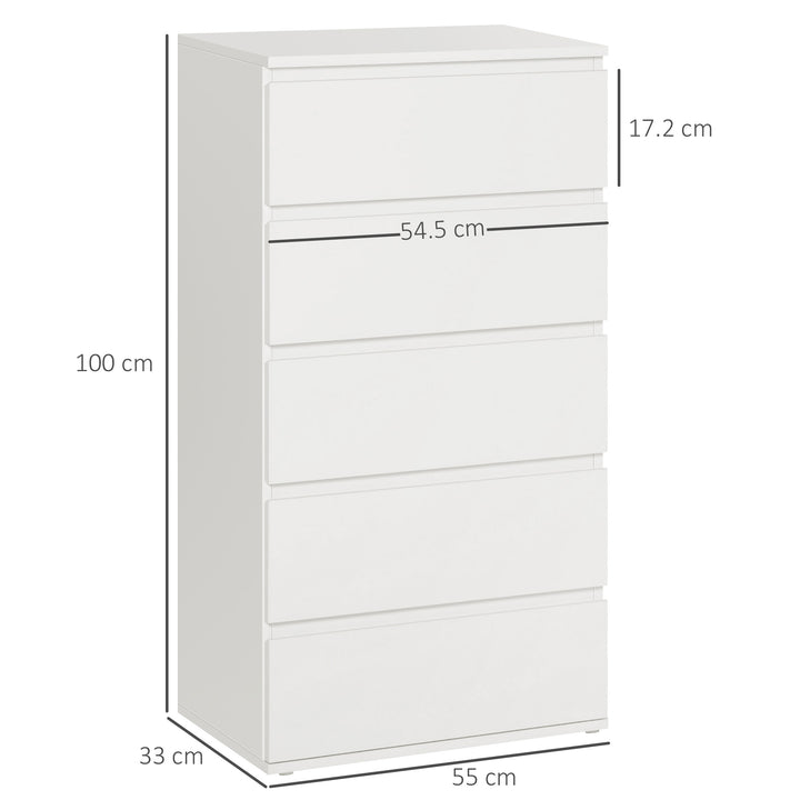 HOMCOM Chest of Drawer, 5 Drawers Storage Cabinet Freestanding Tower Unit Bedroom Living Room Furniture, White