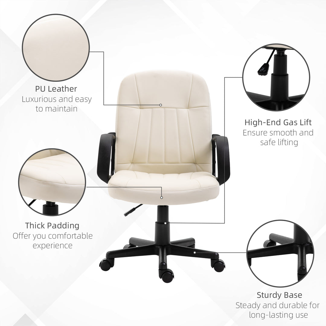 HOMCOM Swivel Executive Office Chair Home Office Mid Back PU Leather Computer Desk Chair for Adults with Arm, Wheels, Cream