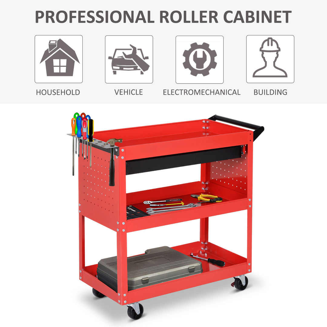 DURHAND 3-Tier Tool Trolley Cart Storage Shelf Roller Cabinet DIY Box Garage Workshop with Drawer Red