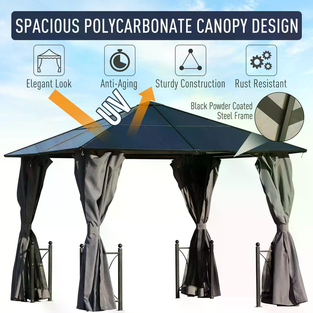 3 x 3(m) Hardtop Gazebo Canopy with Polycarbonate Roof, Steel & Aluminium Frame, Garden Pavilion with Mosquito Netting and Curtains, Black