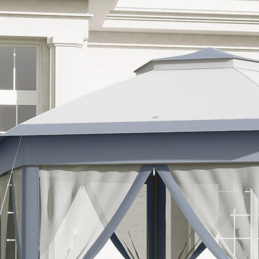 Outsunny Hexagon Patio Gazebo Pop Up Gazebo Outdoor Double Roof Instant Shelter with Netting, 4m x 4m, Grey