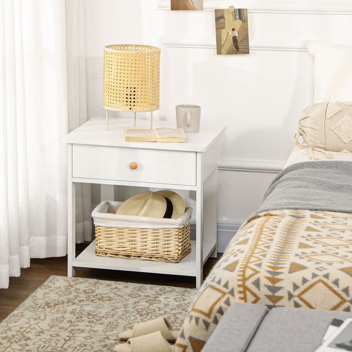 Bedside Table with Drawer and Bottom Shelf, Square Side End Table for Bedroom, Living Room, White