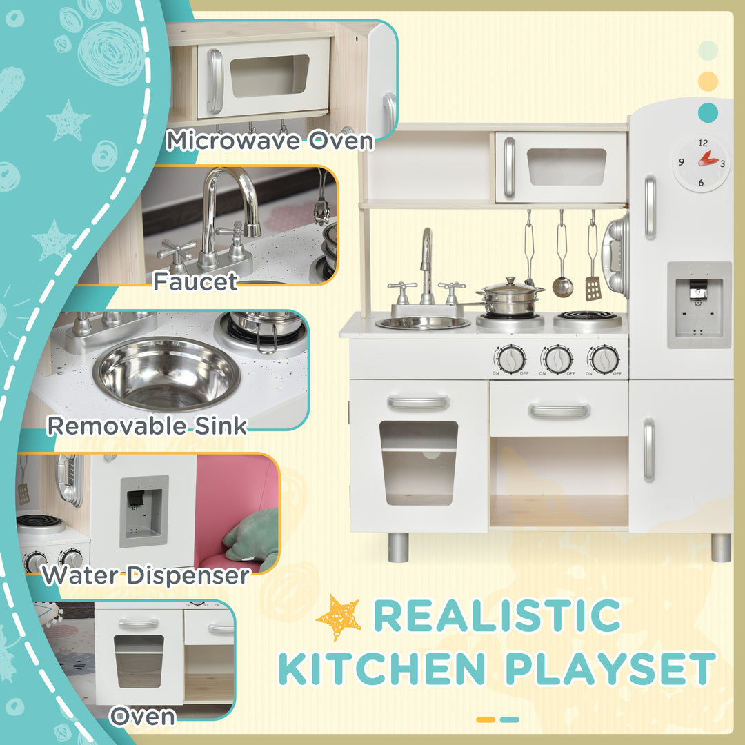 HOMCOM Kids Kitchen Playset Luxury Kitchen Accessories Set Pretend Cooking Set with Telephone Ice Machine, White